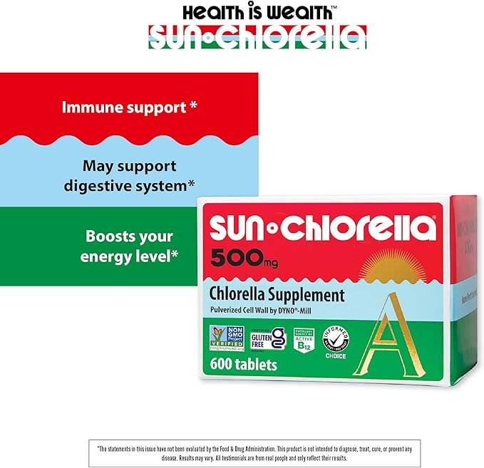 Sun Chlorella 500mg Whole Body Wellness Green Algae Superfood Supplement - Immune Defense, Gut Health, Natural Purification, Energy Boost - Chlorophyll, B12, Iron, Protein - Non-GMO - 600 Tablets