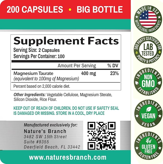 Magnesium Taurate 400mg - 200 Capsules - High Absorption for Sleep, Heart Health, Calm, Joint Supplement for Women and Men - Made in USA, Pure Elemental Mag Powder Plus Taurine - Extra Strength Pills