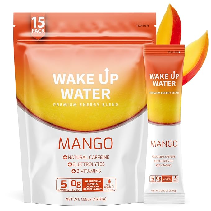 Wake Up Water - Energy + Hydration Sugar Free 15 Packs, Mango Flavor - Energy Drink Powder, Electrolytes Powder Drink, Natural Caffeine Mix Packet, B Vitamins, 5 Calories, Gluten Free - .10 oz (2.9g)