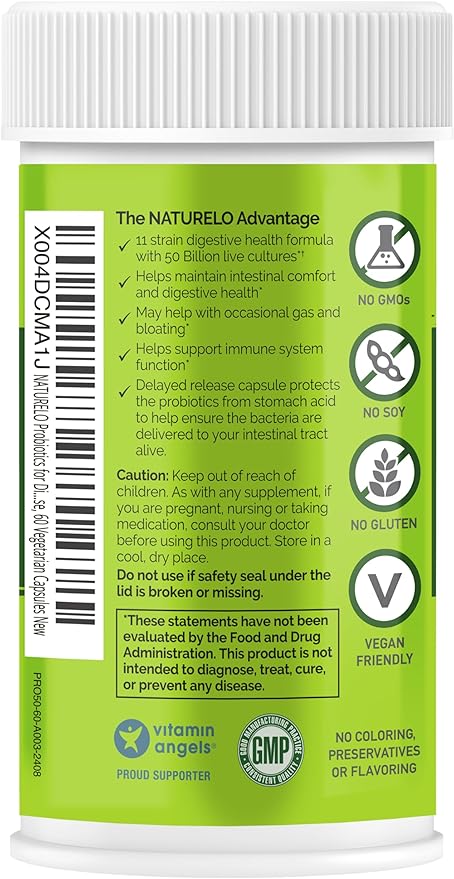 NATURELO Probiotics for Digestive Health - 50 Billion CFU, 11 Strains Daily Supplement - Boosts Immune System, Delayed Release, 60 Vegetarian Capsules