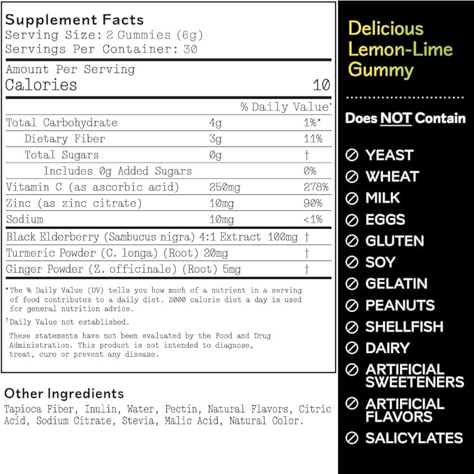 Barker Wellness Immunity Gummies | Vitamin C, Zinc, Elderberry, Turmeric & Ginger | Immune Support | Vegan, Sugar-Free | Lemon Lime Flavor | 60 Gummies