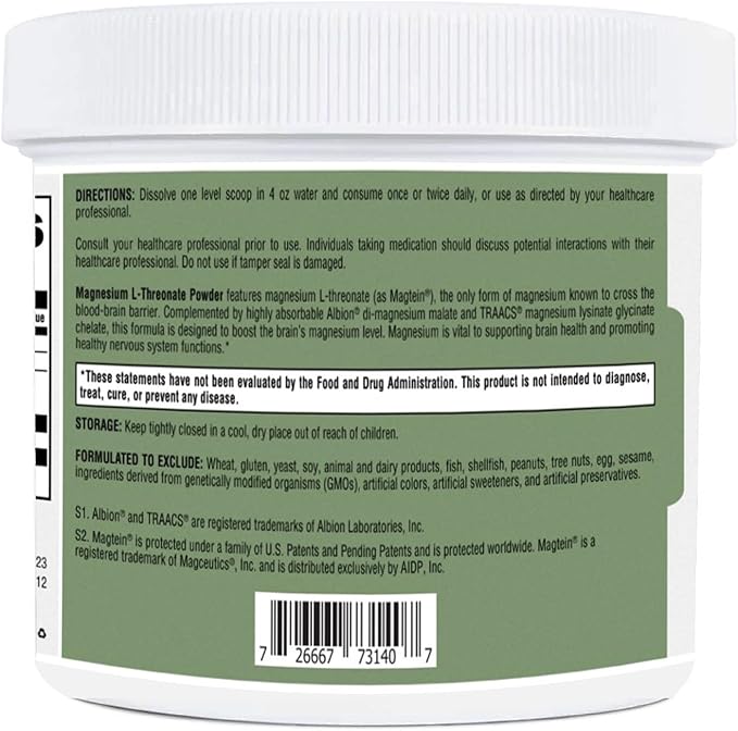 Magnesium L-Threonate Powder with Magtein - Brain-Supporting Magnesium Threonate Complex - Mixed Berry, Gluten-Free Supplement for Cognitive Health - 60 Servings