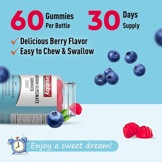 Magnesium Glycinate Gummies 500mg for Adults Sleep Support, Chewable Magnesium Gummies for Women & Men, Muscle Relief & Magnesium Supply (60 Gummies)