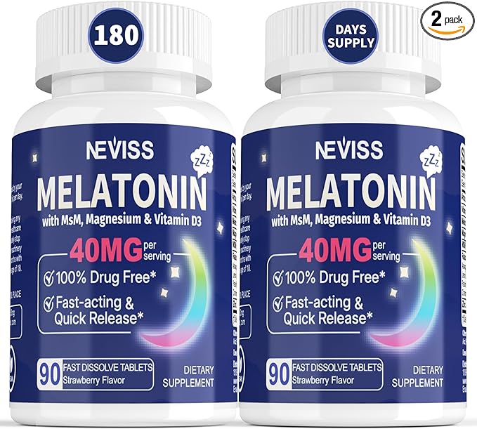 Melatonin 40 mg for Adults - Fast Dissolve & Chewable Sublingual Sleep Supplement - Extra Strength Melatonin with Vitamin D3 & MSM, Selenium for Health Rest Cycle, Deep Zzzs, Sugar-Free, 180 Servings