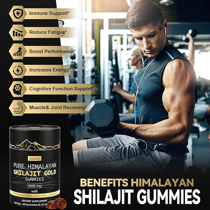 Pure Himalayan Shilajit Gummies: Gold Grade Shilajit Riched with Ashwagandha Fulvic Acid & 85+ Trace Minerals - No Added Sugar - Individually Wrapped - for Men & Women - 60 Gummy