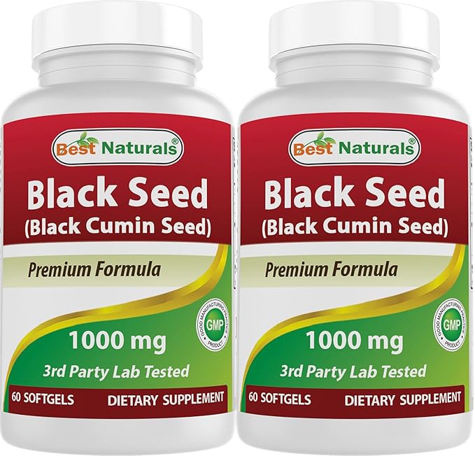 Best Naturals 2 Packs Black Seed Oil Capsules 1000 mg (Non-GMO) Nigella Sativa - 100% Cold Pressed Black Cumin Seed Oil Pills Contains Thymoquinonoe 60 Count (Total 120 Softgels)