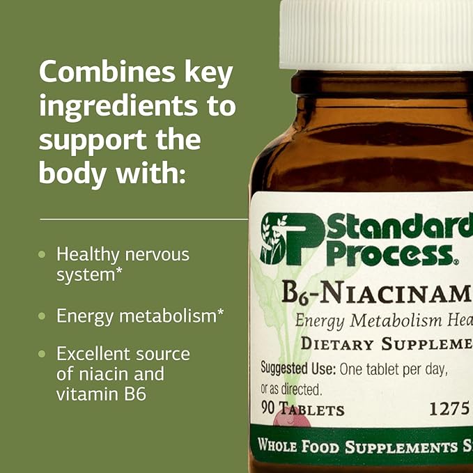 Standard Process B6-Niacinamide - Energy Metabolism, Heart Health, and Digestion Supplement with Vitamin B6, Niacin, Ascorbic Acid, Reishi Mushroom, Shiitake Mushroom, and More - 90 Tablets