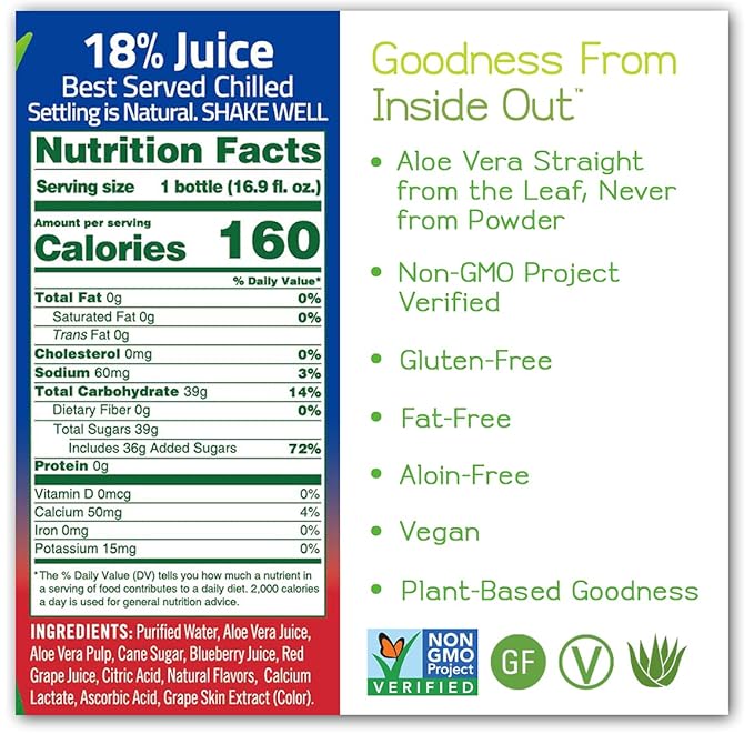 ALO Aloe Vera Juice Drink | BLUE - Aloe Vera + Blueberry | 16.9 fl oz, Pack of 12 | Plant-Based Drink with Real Aloe Pulp