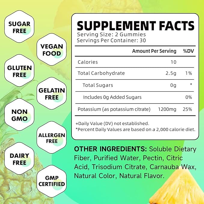 Potassium Citrate Gummies, High Potassium Supplement Gummies 1200mg Support Leg Cramps & Muscle Health, for Adults & Kids, Vegan, Pineapple Flavor 120 Count