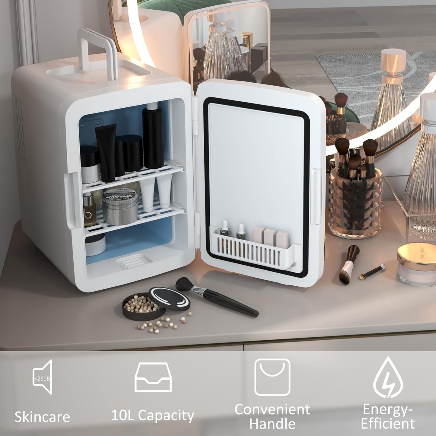 HOMCOM Mini Fridge for Bedroom or Car with Dimmable LED Mirror (10L/8 Can), Cooler and Warmer, Portable Skincare Fridge, AC/DC Powered Small Refrigerator for Skincare, Beverage, Food, Cosmetics, White