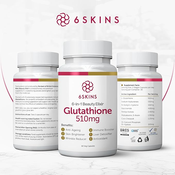 6SKINS®6in1 Beauty Elixir with Liposomal Glutathione 510mg | Glutathione Supplement 4X Better Absorption - Immune Support, Liver Detox, Powerful Antioxidant for Healthier Skin - 60 Capsules