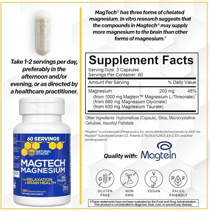 NATURAL STACKS Apigenin for Sleep + Magtech Magnesium Supplement Bundle - Supports Sleep & Brain Health* - 300 Total Capsules