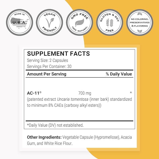 Supersmart AC-11 Supplement 700mg per Day (Cat's Claw Extract) - Uncaria Tomentosa Bark | Non-GMO & Gluten Free - 60 Vegetarian Capsules
