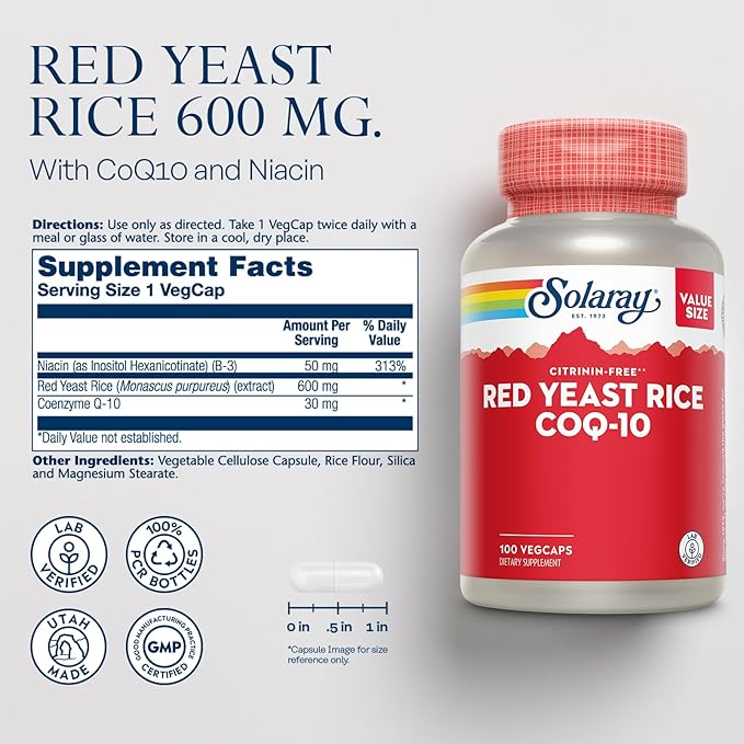 SOLARAY Red Yeast Rice Plus CoQ-10 & No-Flush Niacin Vitamin B-3, Healthy Heart & Cardiovascular Support, Non-Irradiated & Citrinin Free, 60 Day Money Back Guarantee, 100 Servings, 100 VegCaps