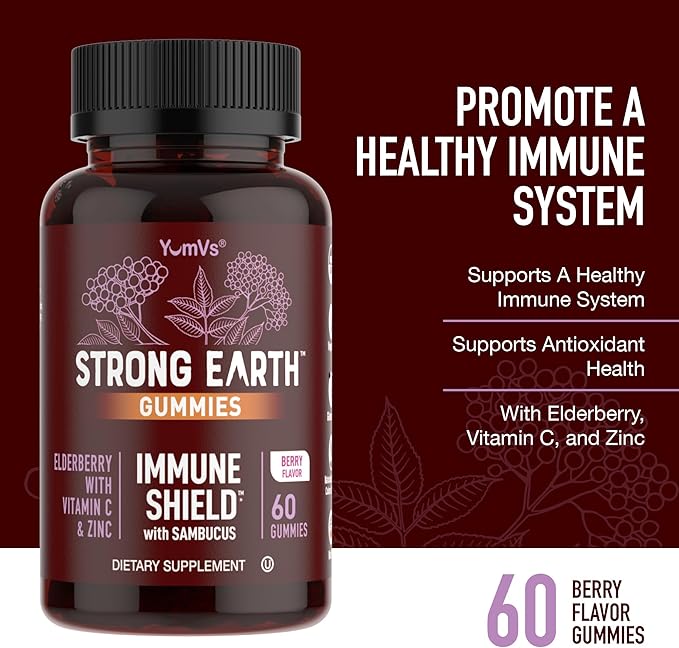 Strong Earth Elderberry Gummies – Sambucus Elderberry Immune Support with Vitamin C & Zinc – Black Elderberry Gummies, Berry Flavor, Non-GMO, Gluten Free, Kosher – 60 Count