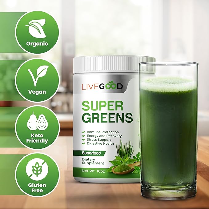 LiveGood Super Greens Powder Organic Superfood with Wheat Grass Powder, Daily Superfood Powder for Immune Support, Energy and Detox, Green Juice Powder Supplement (30 Servings), 12.38 Oz