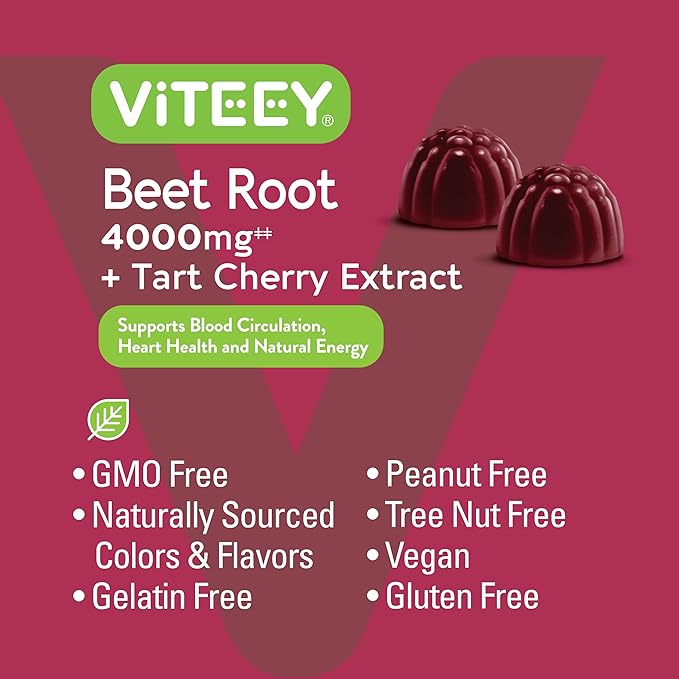 Viteey Beet Root Gummies with Tart Cherry - Beetroot Supplement for Heart Health, Blood Pressure Support - Vegan, Gluten-Free - 120 Count