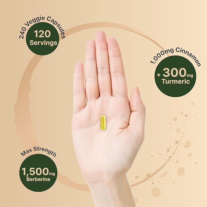 Berberine Supplement 1500mg with 1000mg Ceylon Cinnamon & 300mg Turmeric, 240 Veggie Capsules | 97% Pure Berberine HCL | Supports Balanced Sugar Levels & Heart Health | Vegan, Non-GMO