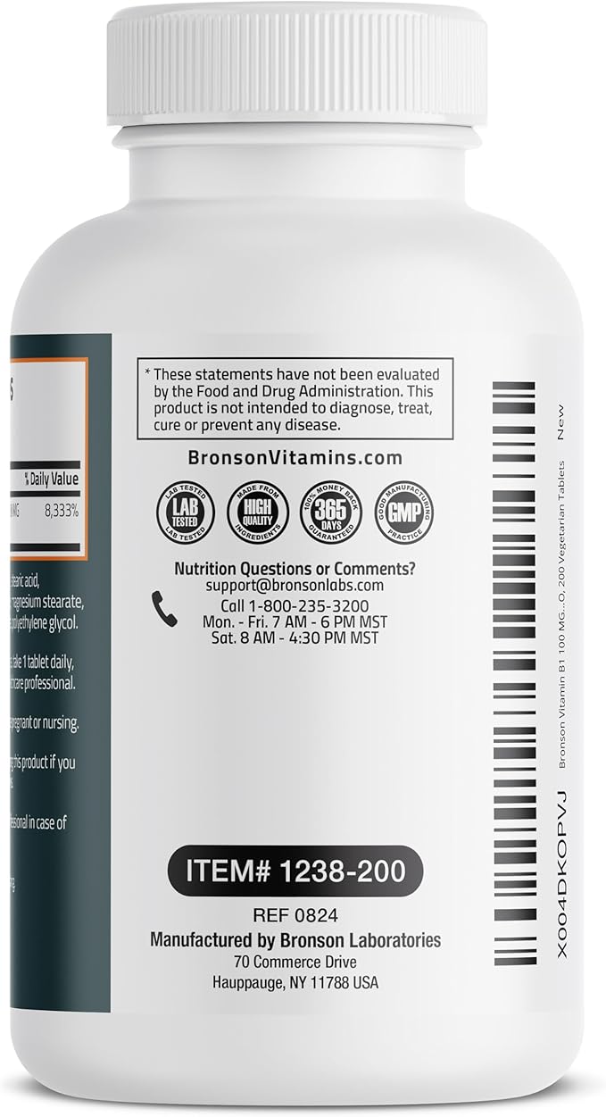 Bronson Vitamin B1 100mg, Non-GMO, 200 Vegetarian Tablets