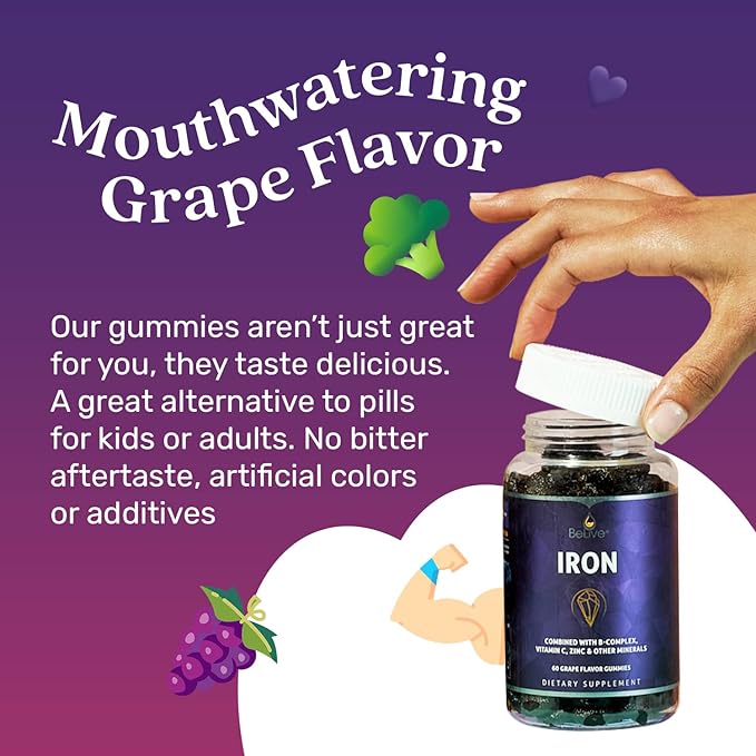 BeLive Iron Gummies - Multivitamin Iron Supplement with Vitamin C, A, B & Zinc, Supports Blood Oxygen, Vegan Supplements for Women, Men & Kids for Growth and Development - Grape Flavor | 2-Pack