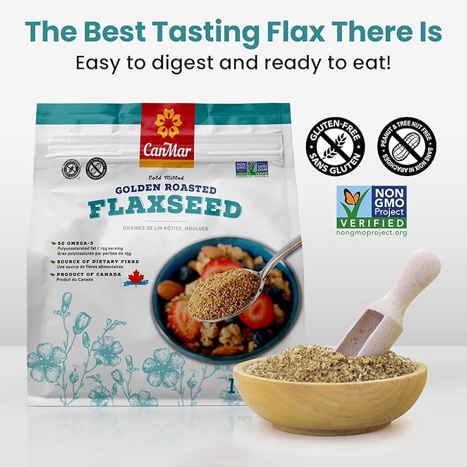 CanMar Ground Milled Golden Roasted Organic Flaxseed, 42 oz – Vegan, Non-GMO, Gluten Free – Flaxseed Meal with Omega-3, Fiber – Ground Organic Linseed Powder (42 oz)