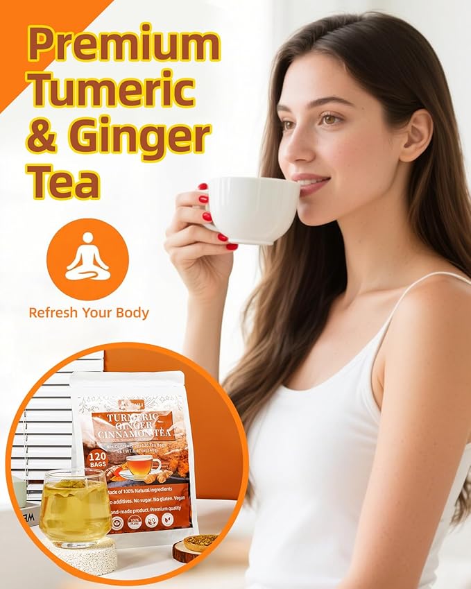 120 Premium Turmeric Ginger Cinnamon Tea Bags, 100% Natural Herbal Blend, Supports Digestion & Immune Health, No Sugar, No Caffeine, No Additives, Vegan, Premium Ingredients