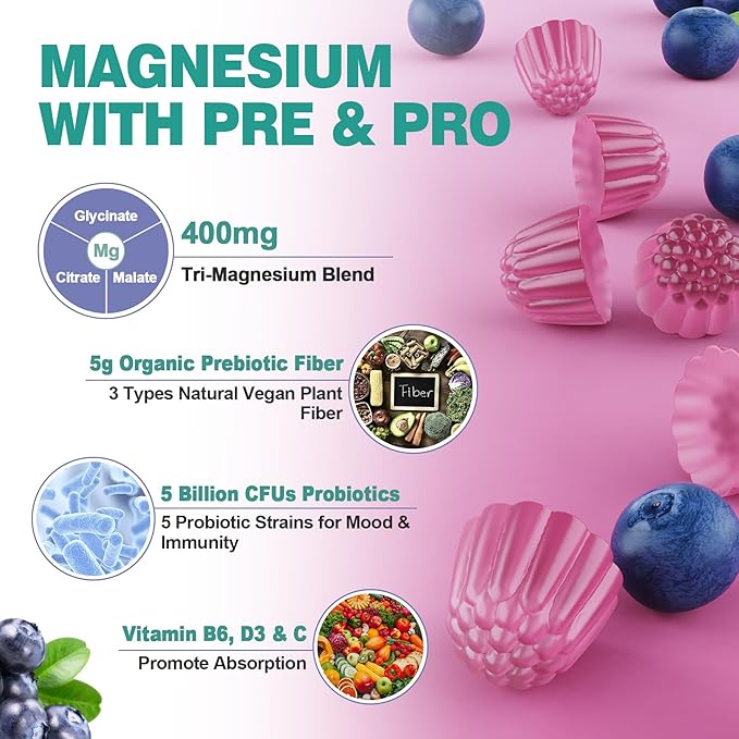 Magnesium Gummies 400mg for Women Men Sugar Free | Calm Magnesium Glycinate Citrate Malate Complex with Prebiotics & Probiotics 5 Billion CFU, Vitamin B6 D3 C | Triple Magnesium Supplement, 120Cts