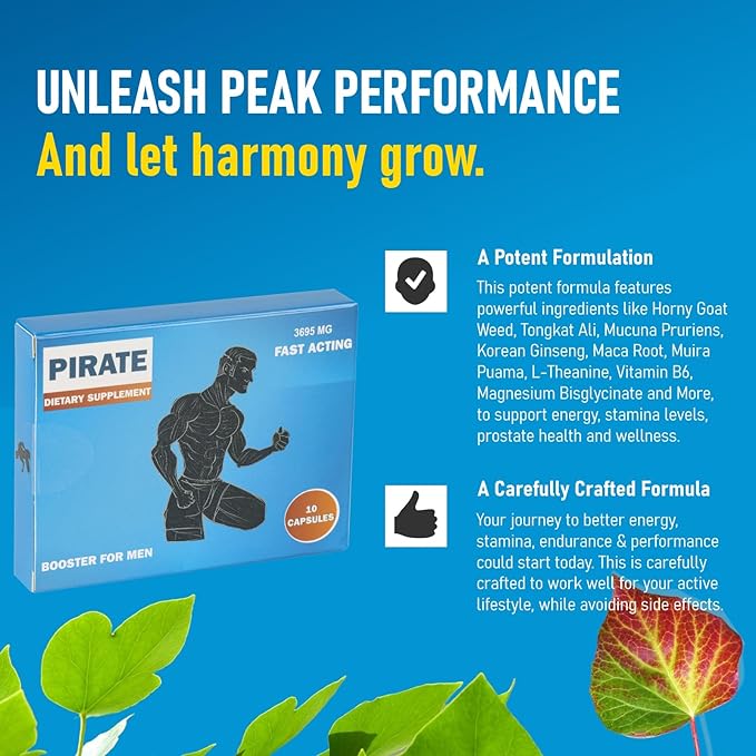 Pirate Male Supplement for Men – Fast-Acting Herbal Stamina & Energy Booster – Horny Goat Weed, Maca Root, Tongkat Ali, Muira Puama & Vitamin B6 – for Men’s Endurance, Vitality & Performance