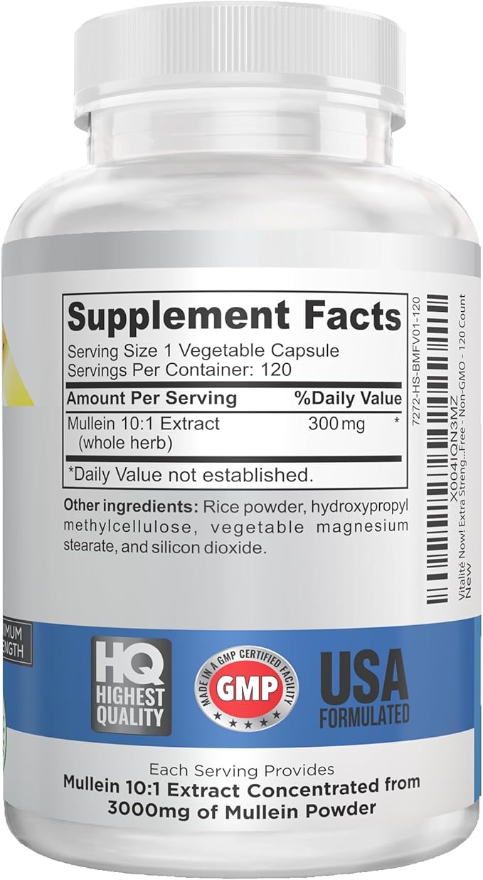 Extra Strength Mullein Capsules 10:1 Extract, Respiratory & Immune Health, Lung Cleanse, 100% Pure Whole Herb, Gluten Free, Non-GMO, 120 Count, 4 Month Supply, Made in The USA