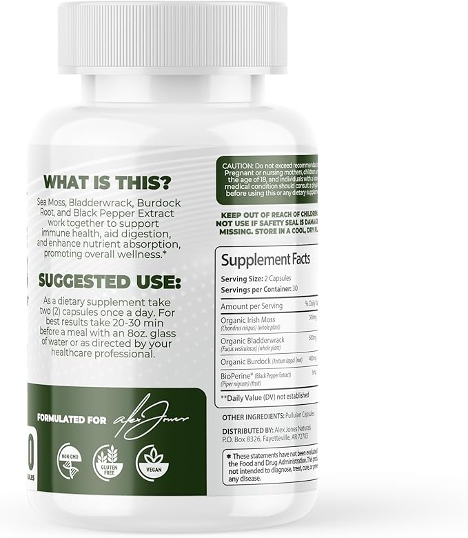 Ultimate Sea Moss Capsules Organic Non-GMO Irish Sea Moss Supplement w/Bladderwrack, Burdock Root & Black Pepper Extract - Thyroid, Immune Boost, Energy and Gut Health Support
