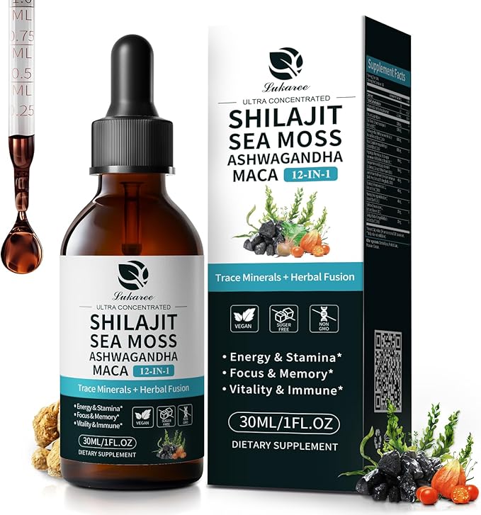 Shilajit Liquid Drops with Sea Moss, Ashwagandha, Maca, Fulvic Acid, Trace Minerals, 12-in-1 Liquid Vitamins Supplement for Men and Women, Energy, Antioxidant, Immune Support, 1 FL Oz