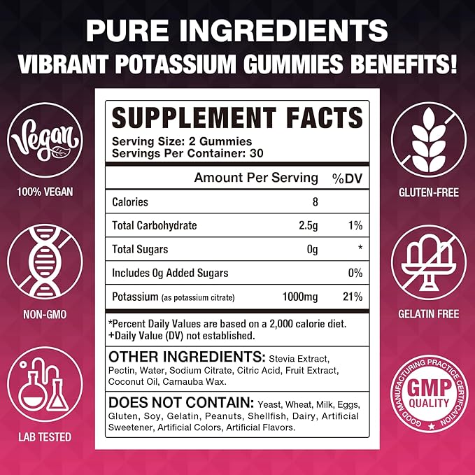 Potassium Citrate Gummies, High Potassium Supplement (1000mg), Supports Leg Cramps & Muscle Health, Suitable for Adults & Kids, Vegan, Non-GMO, 60-Count