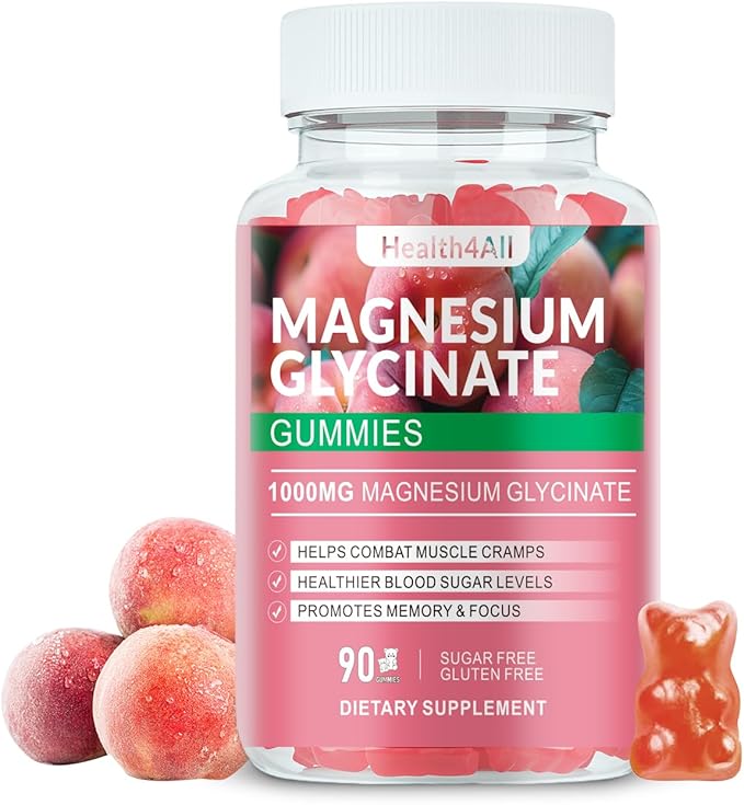 Magnesium Glycinate Gummies 1000mg, High Absorption Sugar Free Magnesium Potassium Supplement for Relaxation, Stress Relief, and Sleep Support for Adults & Kids - 90 Peach Gummies
