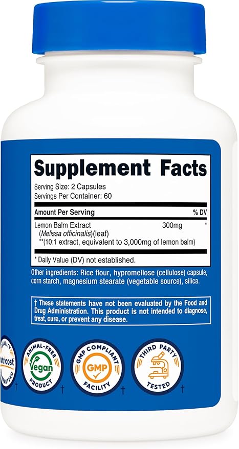 Nutricost Lemon Balm (3,000mg Equivalent) 120 Vegan Capsules - Melissa Leaf Lemon Balm Extract, 60 Servings
