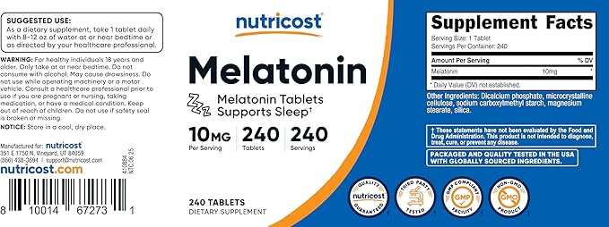 Nutricost Melatonin 10mg, 240 Tablets - 10mg Per Serving, Non-GMO, Gluten Free