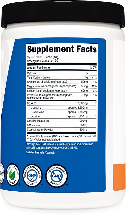 Nutricost BCAA + Hydration Powder (Peach Rings) 30 Servings - Branched Chain Amino Acids with Hydration Complex - Gluten-Free, Non-GMO