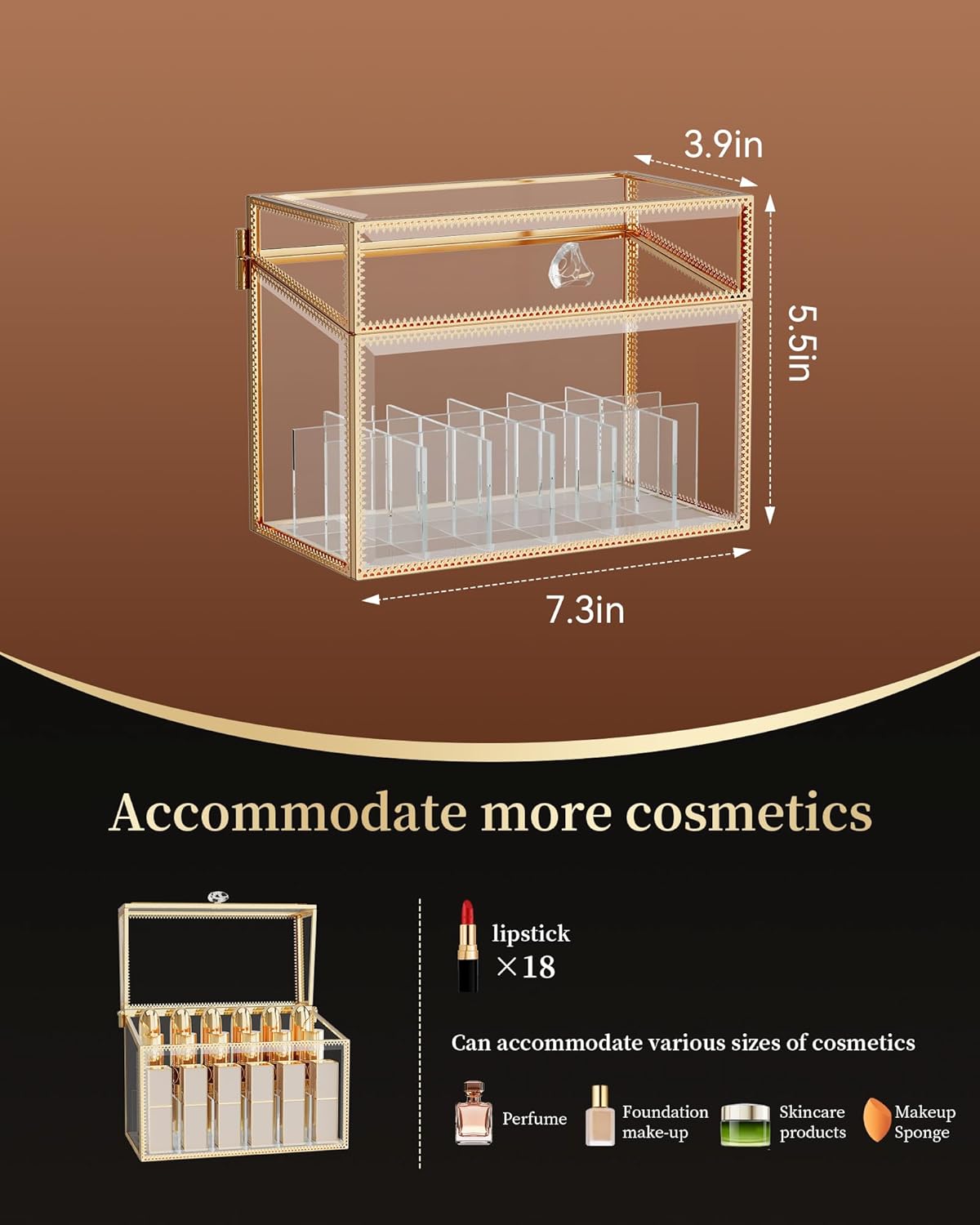 Lipstick Organizer,Luxury Tempered Glass Lipstick Holder & Nail Polish Organizer, 18-Slot Vanity Cosmetic Organizer with Removable Dividers, Gold