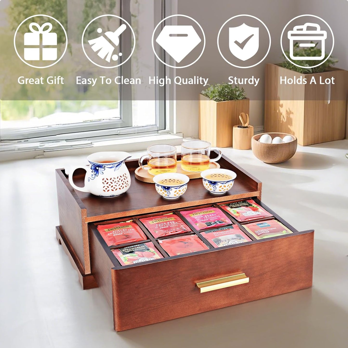 Tea Bag Organizer, Tea Organizers and Storage, Tea Box Organizer Storage Box, Tea Station Organizer for Countertop, Tea Caddy for Wood Tea Holder Organizers for Removable Drawer (Brown)