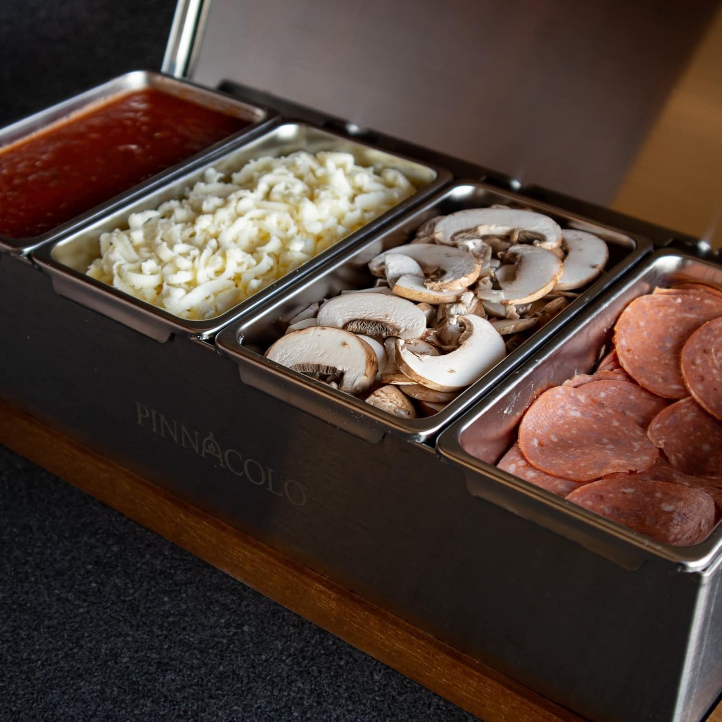 4 Slot Condiment Carrier, Stainless Steel Holders, Silicone Lids, and Gel Packs - Portable and Versatile for Outdoor BBQs and Parties