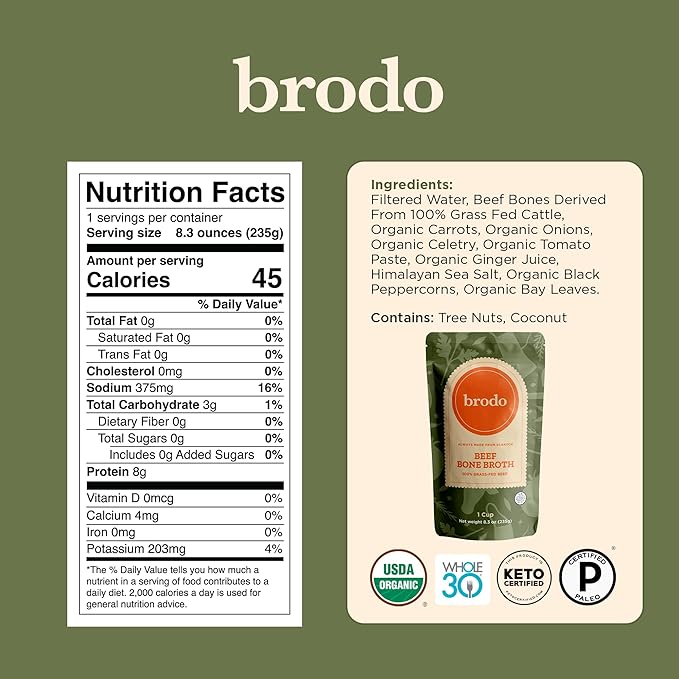 Brodo Classic Variety Pack with Collagen & Protein, Includes Organic Chicken, 100% Grass-Fed Beef, & Hearth Bone Broths for Sipping & Cooking, Nutrient-Dense & Slow-Simmered for Deep Flavor (6x 8.3oz)