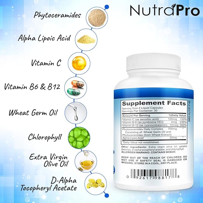 Dermal Repair Complex for Hydrated, Glowing Skin –Anti Aging Supplement with Phytoceramides & Alpha Lipoic Acid. Fast Results Hydration Pills Enhances Smoothness & Reduces Wrinkles. 60 Liquid Capsules