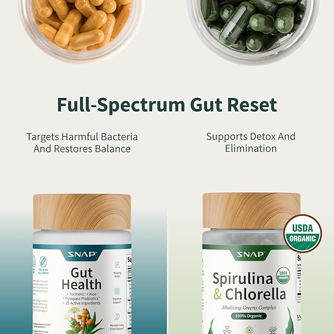 Snap Supplements Gut Health & Spirulina Chlorella Bundle – Turmeric, Aloe, Pylopass Probiotics & Alkalizing Greens Complex – Digestive, Detox & Antioxidant Support – 50 + 120 Capsules