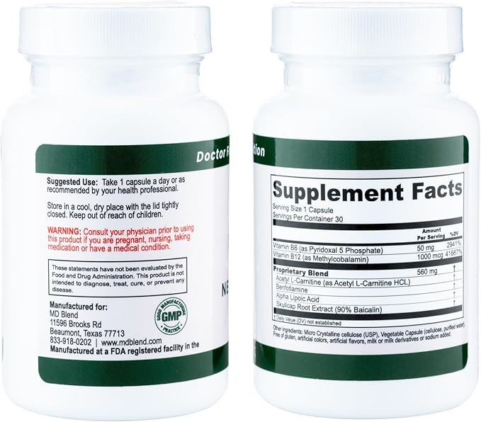 Neuropathy - Expert Formulated - Natural Blend for Optimal Nerve Wellness - Alpha Lipoic Acid, L-Carnitine, Vitamins B6 & B12, Skullcap Root, Acetyl L-Carnitine - 30 Capsules (1 Pack)