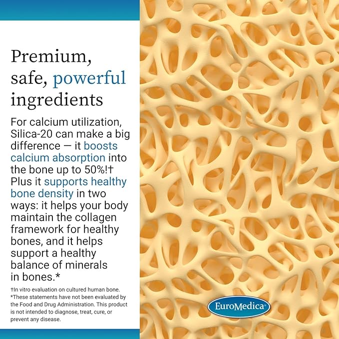 EuroMedica Silica-20 - Supplement Supports Bone Structure & Collagen Production - Strong Teeth & Healthy Bone Density Support - Aids Hair, Skin & Nails Health - 60 Tablets (30 Servings)