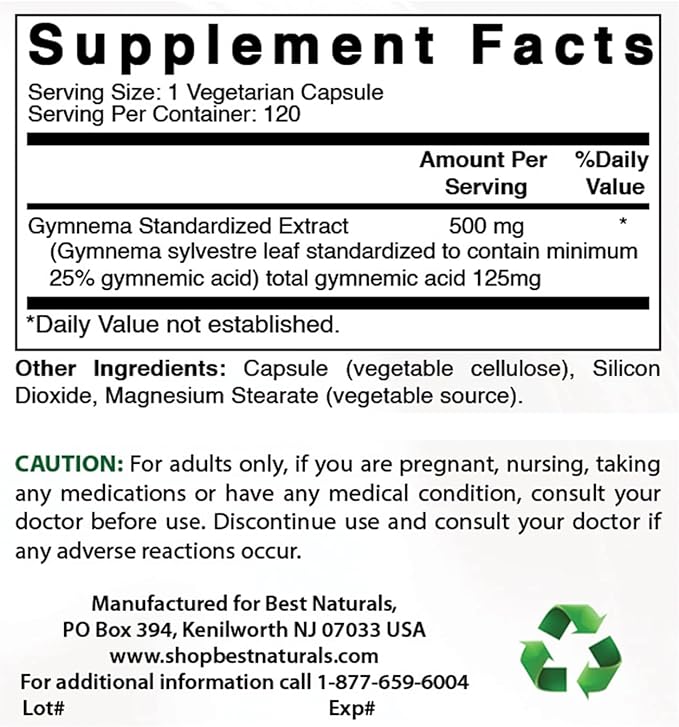Best Naturals Gymnema Sylvestre Extract 500 mg 120 Vegetarian Capsules - Contains Minimum of 25% Gymnemic Acid (Pack of 2)