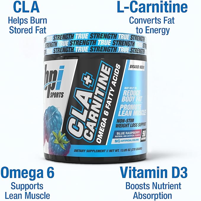 BPI Sports CLA+Carnitine – CLA L Carnitine & Linoleic Acid – L Carnitine Supplement for Weight Loss, Metabolism & Lean Muscle – Caffeine Free – Blue Raspberry – 50 Servings – 12.34 oz