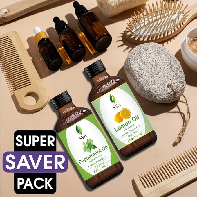 SVA Peppermint Essential Oil and Lemon Essential Oil 4oz Bundle Super Saver Combo – Premium Grade Value Set for Aromatherapy, Scalp Massage, Hair Care, Skin & Body