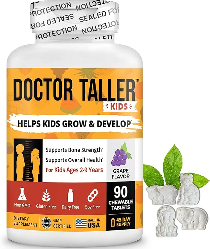 Doctor Taller Kids - Kids Multivitamins, Toddler Vitamins - Support Bone Strength, Enhanced Immunity with Calcium, Multivitamins for Ages 2 to 9 - Grape Flavor - 90 Vegan Chewable Tablets | 3 Pack