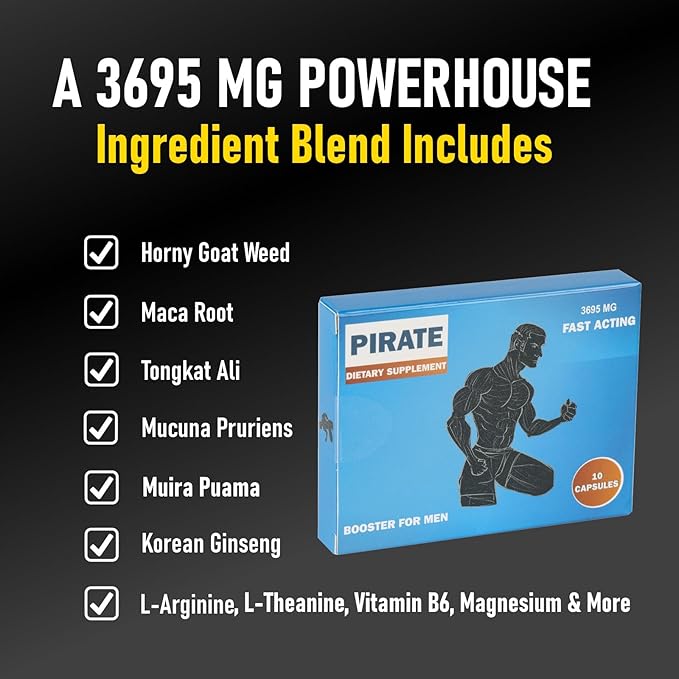 Pirate Male Supplement for Men – Fast-Acting Herbal Stamina & Energy Booster – Horny Goat Weed, Maca Root, Tongkat Ali, Muira Puama & Vitamin B6 – for Men’s Endurance, Vitality & Performance