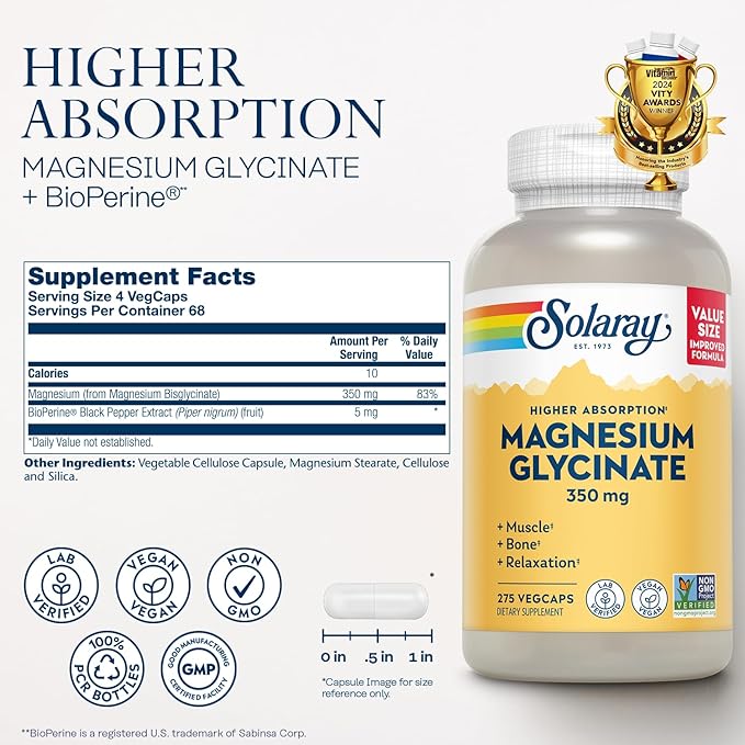 SOLARAY Magnesium Glycinate Capsules, Chelated Magnesium Bisglycinate w/BioPerine, Higher Absorption Magnesium Supplement - Bones, Muscles, Heart Support, Vegan, 68 Servings, 275 VegCaps